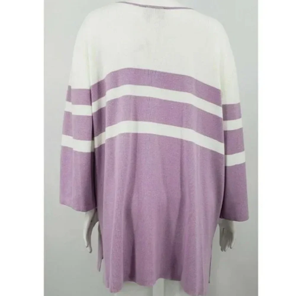 Bob Mackie wearable art deep v zip up sweater, purple, stripes women size medium